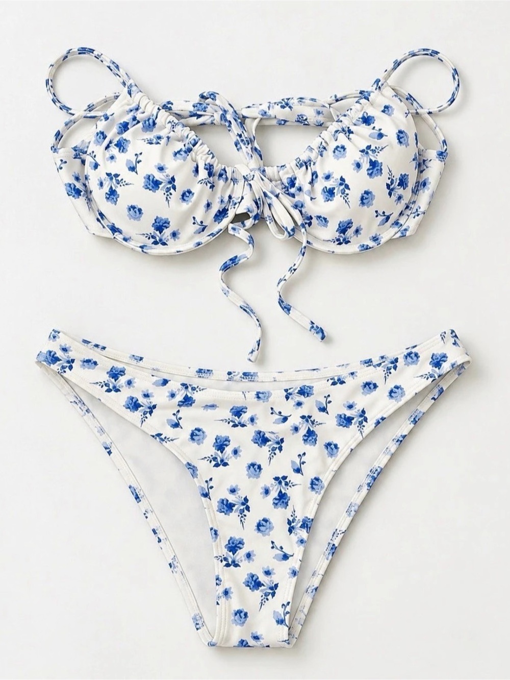Blue & White Floral Tie-Up Underwire Bikini Set
